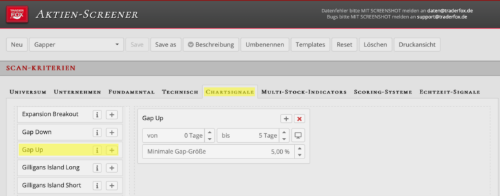 Abbildung zur Einstellung eines Chartsignal welches ein Gap-Up-Screening bildet