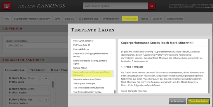 Grafik zeigt wie man Superperformance-Stocks-Ranking einstellt