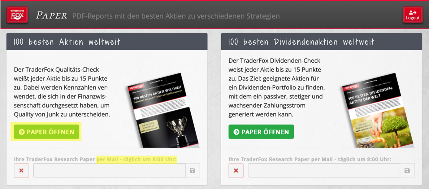Die 100 besten Aktien weltweit zusammengefasst auf paper.traderfox.com