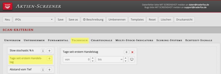Screening-Kriterien für die Suche nach jungen IPO-Aktien auf screener.traderfox.com