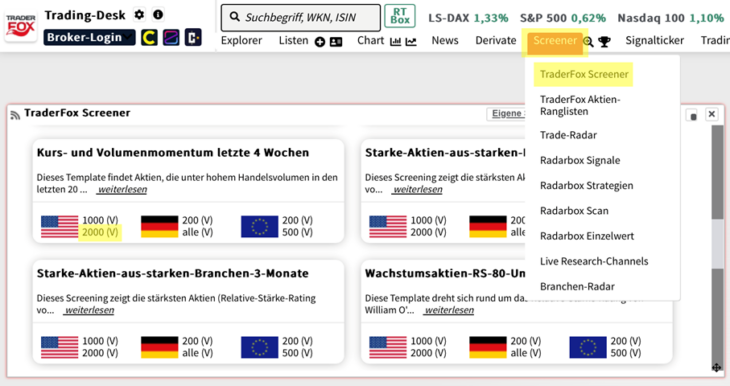 Grafik zeigt Einstellung Aktien-Screening für Kurs- und Volumenmomentum 