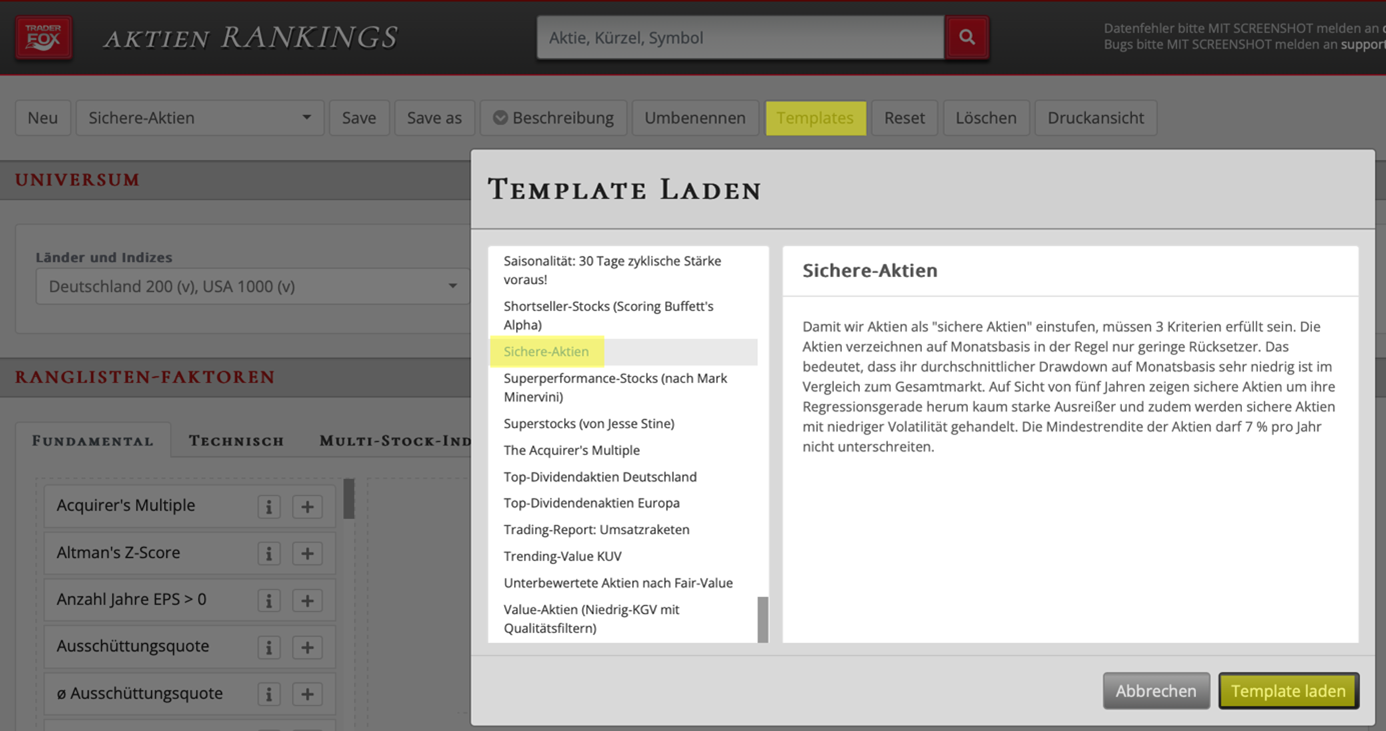 Sichere-Aktien-Ranking Quelle: rankings.traderfox.com