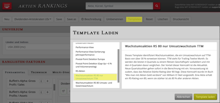 Wachstumsaktien-Ranking-Einstellung