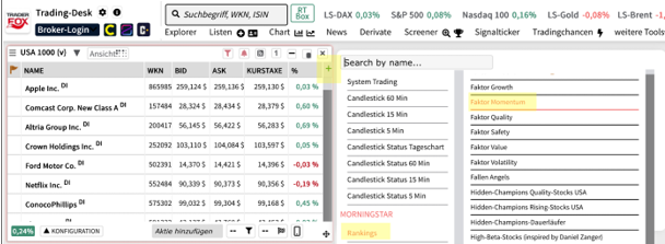 Hier findet ihr Aktien mit hohem Momentum-Faktor auf desk.traderfox.com