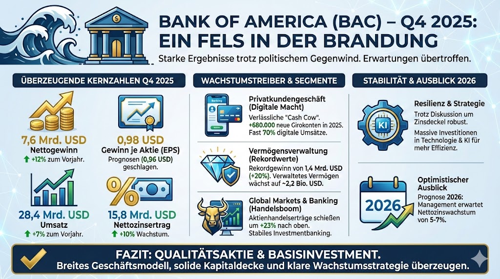 Die Ergebnisse der Bank of America zeigen in allen Bereichen wie Privatkundengeschäft, Vermögensverwaltung und Global Markets und Global Banking einen positiven Trend.