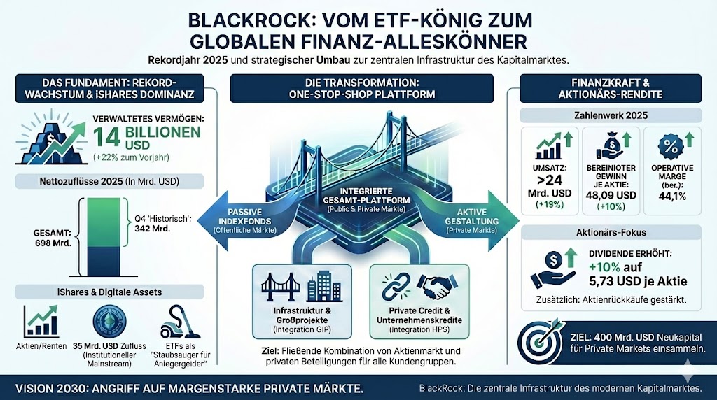 Das Schaubild visualisiert die Dominanz im ETF-Markt und symbolisiert den Wandel zu einem einheitlichen Anbieter für öffentliche und private Märkte mit einer integrierten Plattform.