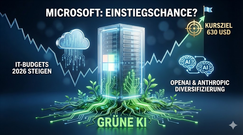 Die futuristische Grafik visualisiert Microsofts Turnaround-Potenzial durch einen zentralen Server-Monolithen mit grünen KI-Wurzeln, flankiert von Cloud- und KI-Symbolen vor einem auf 630 USD steigenden Aktienchart, das Kursziel von KeyBanc.