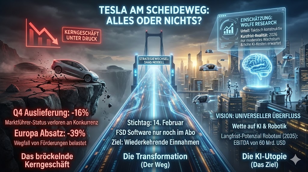 Auf der einen Seite steht das Kerngeschäft von Tesla durch sinkende Auslieferungszahlen und stärkerer Konkurrenz unter Druck, auf der anderen Seite soll das Abo Modell für FSD und Robotik das EBITDA bis 2035 stark erhöhen.