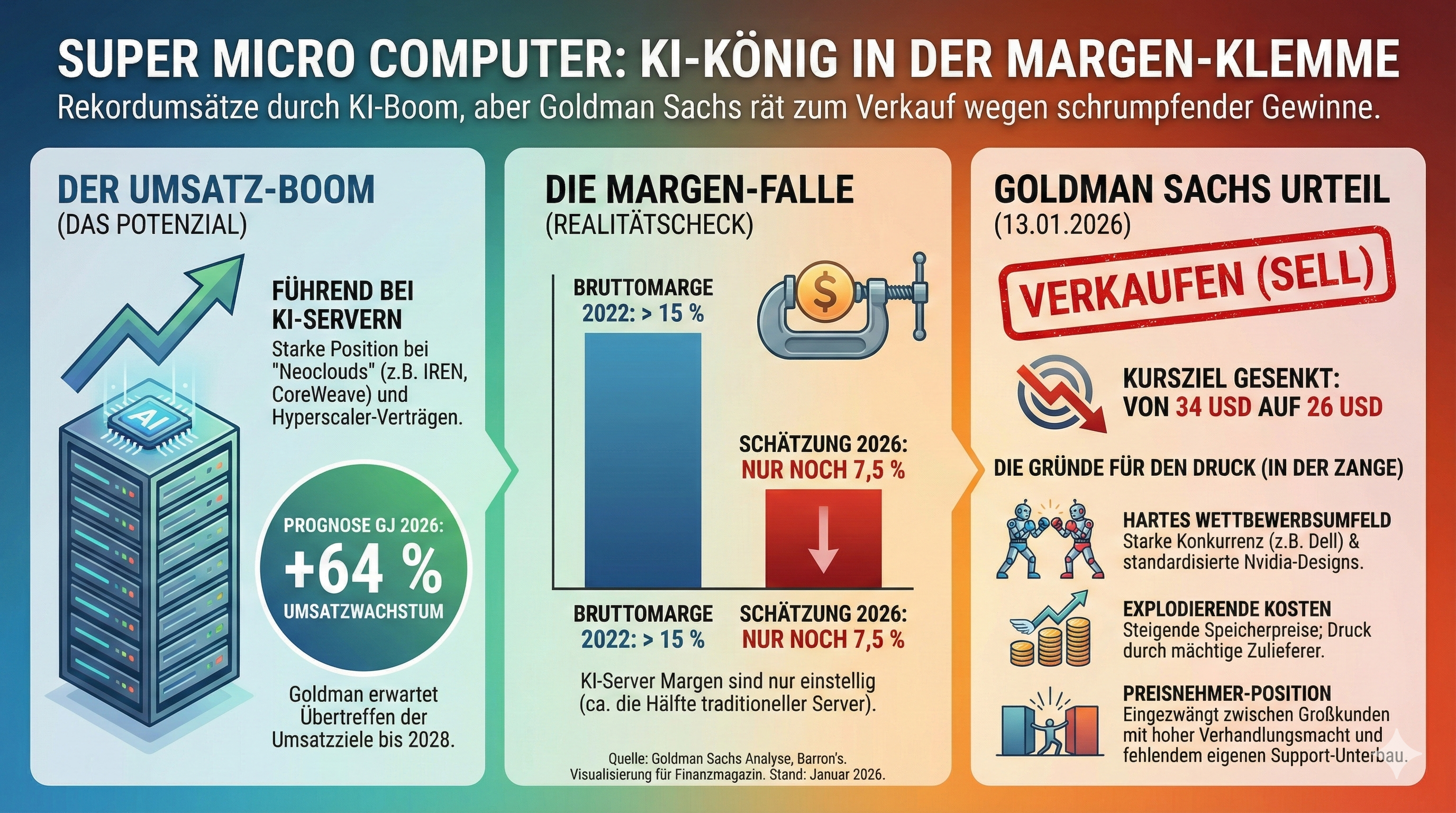 Deutschsprachige Finanzinfografik, die das Dilemma von Super Micro Computer visualisiert: Trotz starkem KI-Umsatzwachstum rät Goldman Sachs aufgrund drastisch sinkender Gewinnmargen zum Verkauf der Aktie.
