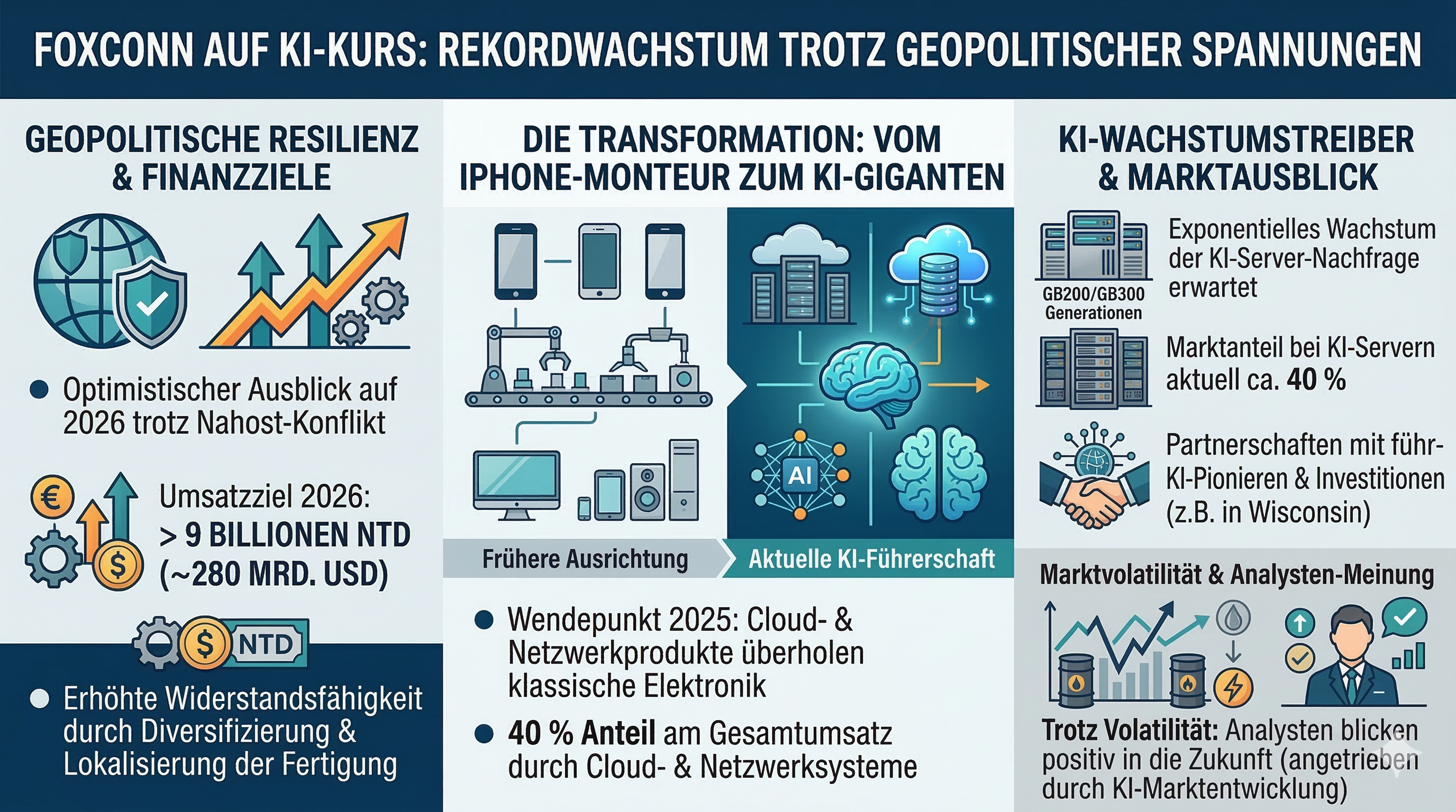 Diese detaillierte Infografik illustriert die Transformation von Foxconn vom iPhone-Monteur zum globalen KI-Infrastruktur-Giganten, die trotz geopolitischer Spannungen Rekordwachstum und strategische Resilienz zeigt.