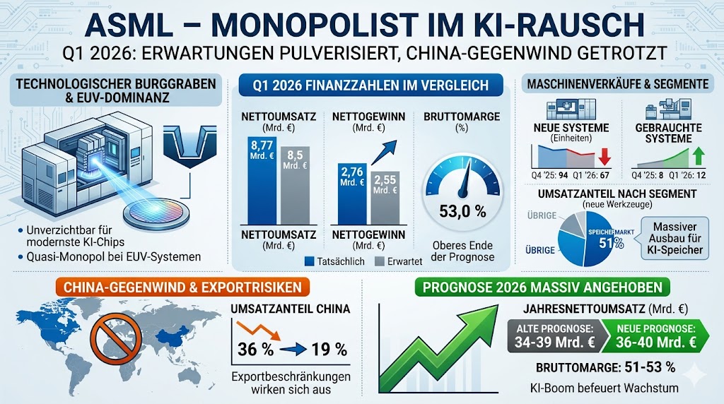 Die Infografik geht auf den Burggraben von ASML ein und beleuchtet die Zahlen für das 1. Quartal 2026. Die Verkäufe für neuen Maschinen gingen im 1. Quartal etwas zurück.