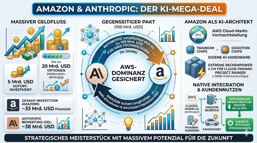 Die Infografik geht auf die erweiterte Kooperation zwischen Amazon und Anthropic ein. Vor allem die hauseigenen KI-Chips Trainium und Graviton sind Bestandteil des Mrd. USD schweren Deals.