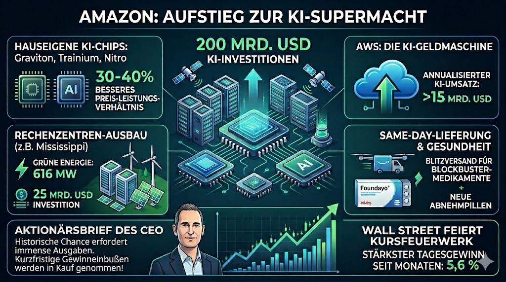 Die Infografik geht auf die hauseigenen KI-Chips von Amazon ein, die Ankündigung eines 25 Mrd. USD teuren Rechenzentrum in Mississippi und der Auslieferung der Abnehmpille Foundayo durch Amazon Pharmacy.