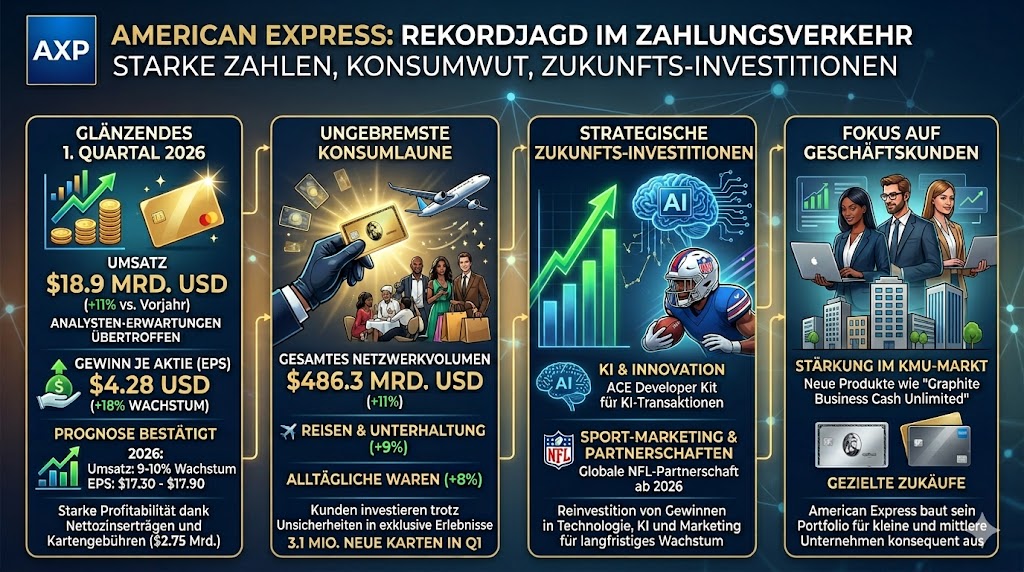 Das Schaubild geht auf die wichtigsten Erkenntnisse und Highlights der Zahlen für das 1. Quartal 2026 von American Express ein. Der Konsum der Menschen ist weiterhin hoch.