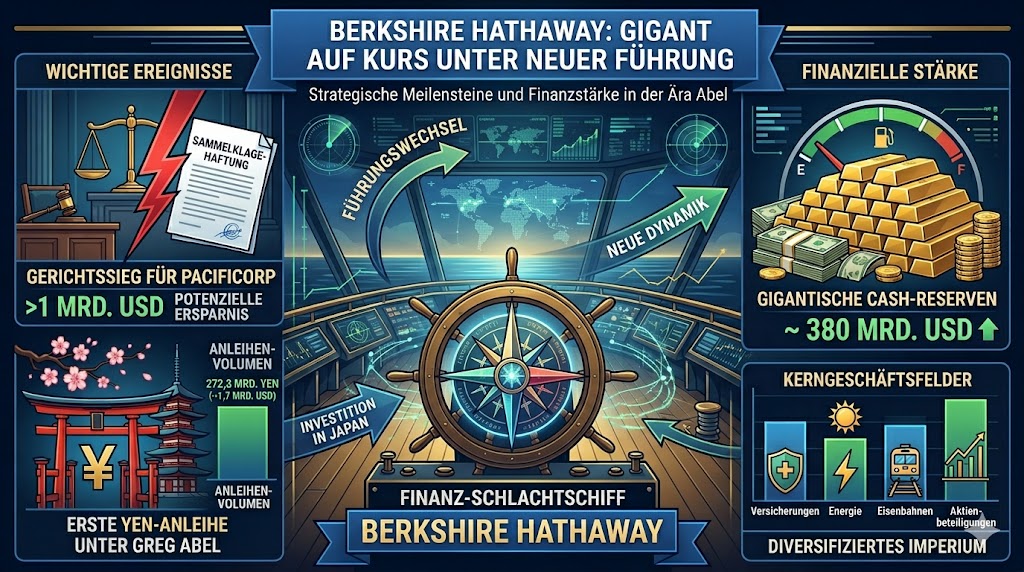 Die Grafik geht auf den Gerichtssieg von PacifiCorp und der ersten Emission einer Yen-Anleihe unter Greg Abel ein. Warren Buffett fungiert nur noch als Berater bei Berkshire Hathaway.