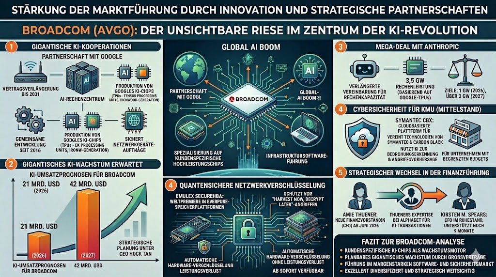 Die Infografik geht auf die erweiterte Partnerschaft von Broadcom mit Google und Anthropic ein. Dadurch soll der Umsatz gesteigert werden in den nächsten Jahren.