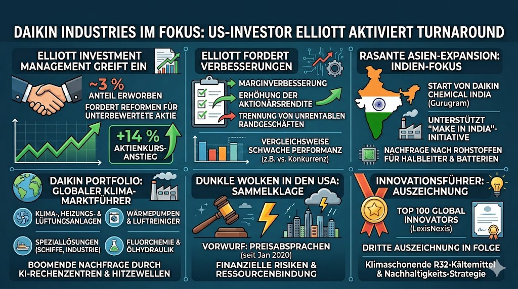 Die Infografik geht auf den Einstieg von Elliott Investment Management ein und der Forderung nach Verbesserung der Margen und Renditen. Eine Sammelklage belastet.
