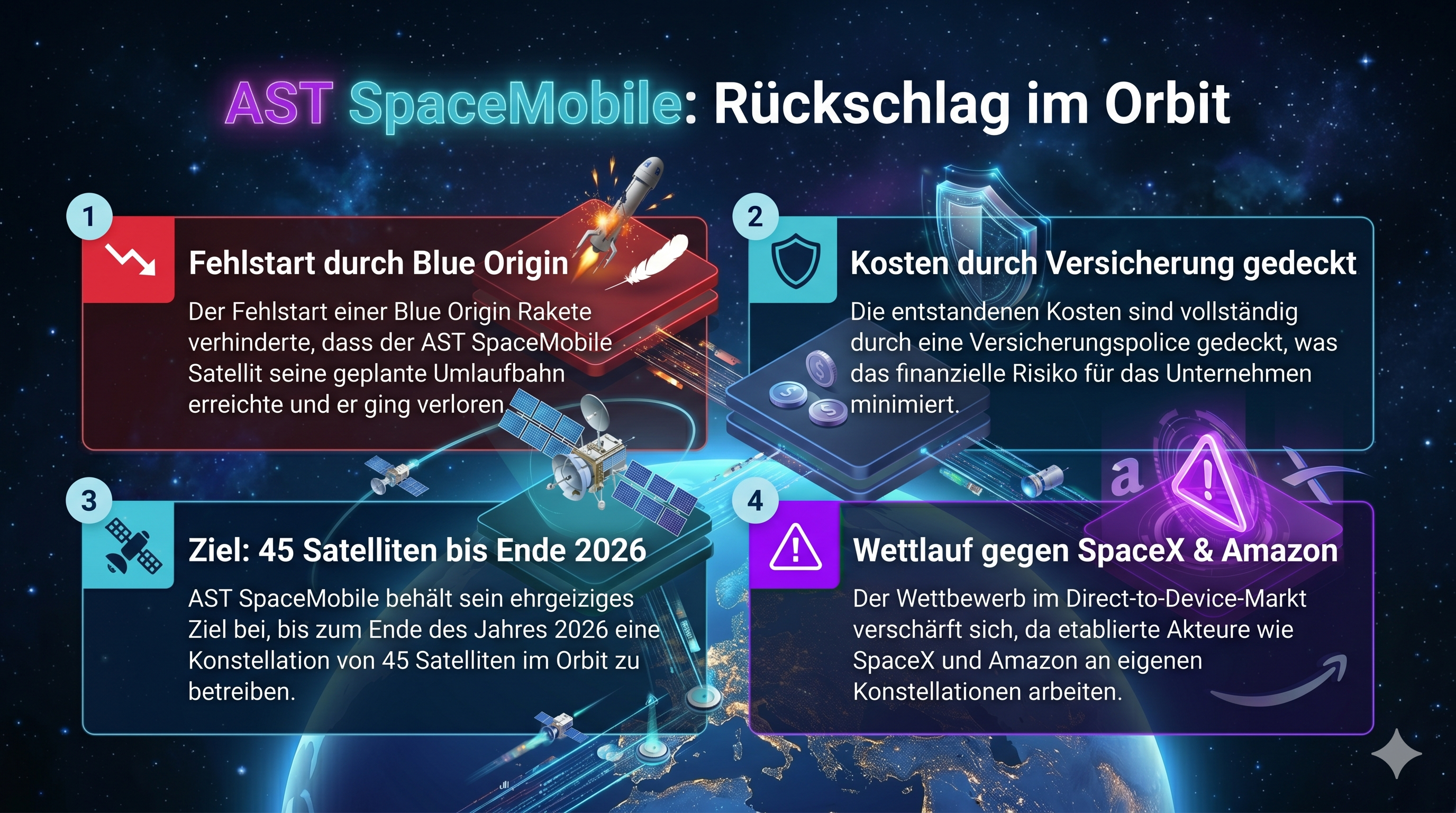 Die Infografik stellt den Fehlstart eines AST SpaceMobile-Satelliten durch Blue Origin und dessen Folgen dar, einschließlich der Kostenübernahme durch die Versicherung, dem ehrgeizigen Ziel von 45 Satelliten bis 2026 und dem Wettlauf gegen die Konkurrenz von SpaceX und Amazon.