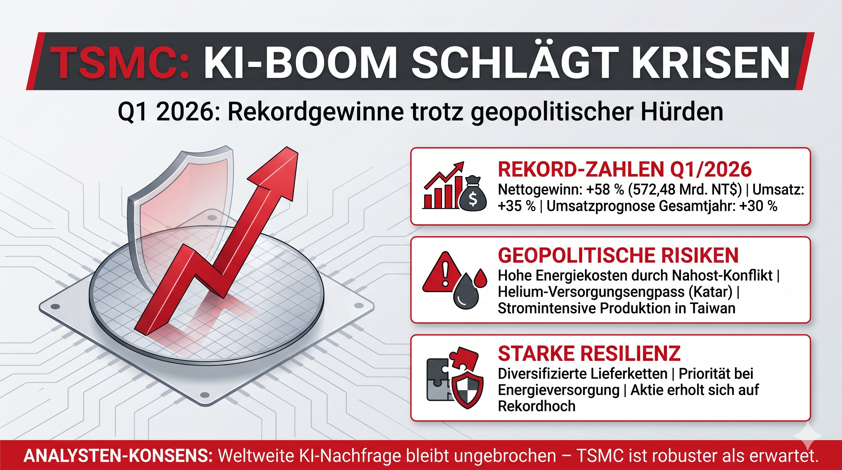 Das Bild ist eine Infografik, die mit einem steigenden Pfeil und einem Schild visualisiert, dass TSMC im 1. Quartal 2026 trotz geopolitischer Risiken Rekordgewinne und starkes Wachstum erzielte, angetrieben vom globalen KI-Boom.