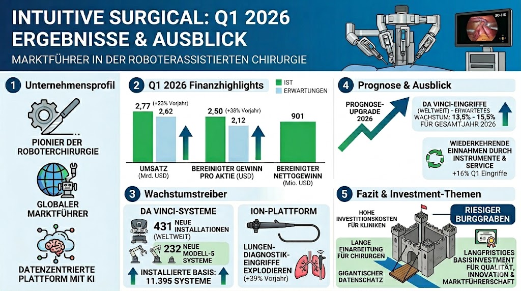 Das Schaubild geht auf die wichtigsten Systeme von Intuitive Surgical ein. Da Vinci und die Ion-Plattform erleben rasantes Wachstum und Einsätze in den Kliniken.