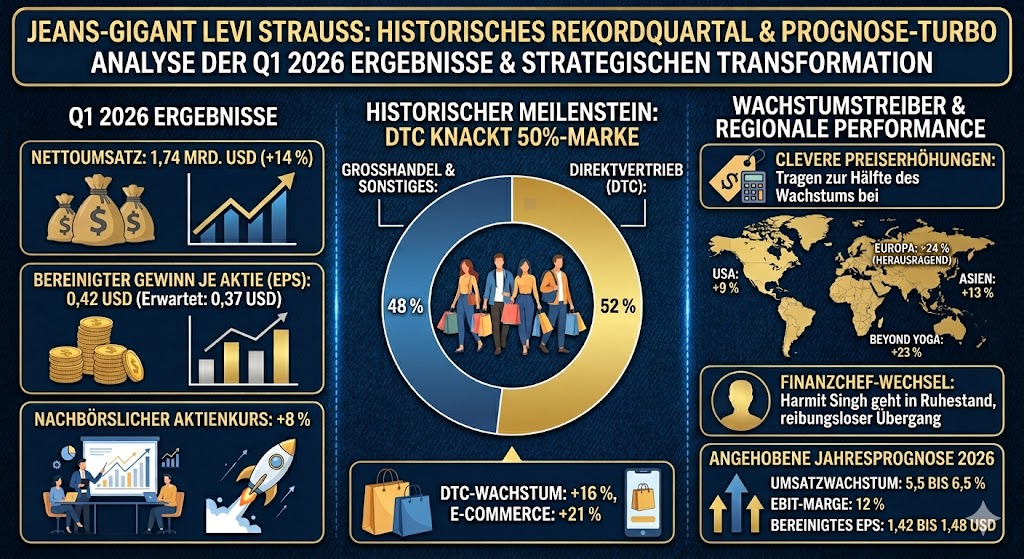 Die Infografik geht auf den Meilenstein von Levi Strauss ein, über 50 % mit dem Direktvertrieb im 1. Quartal verdient zu haben. Global konnte man deutlich zulegen.