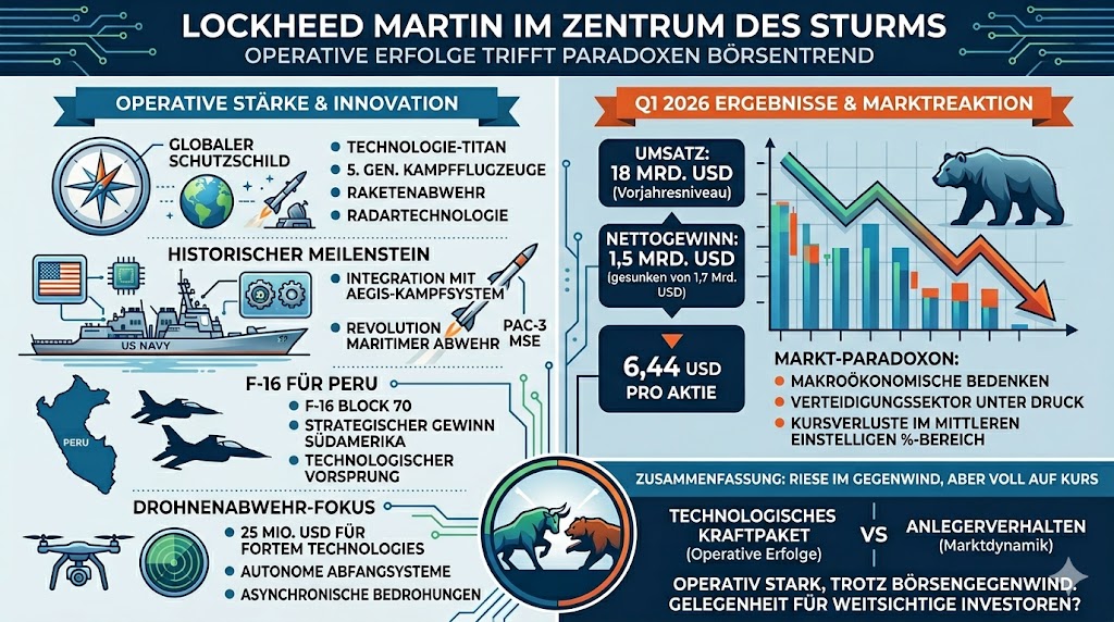 Die Infografik geht auf die wichtigsten Meilensteine der letzten Zeit bei Lockheed Martin ein. Die Aktie knickte etwas ein, da Umsatz verharrt und Gewinne leicht zurückgingen.