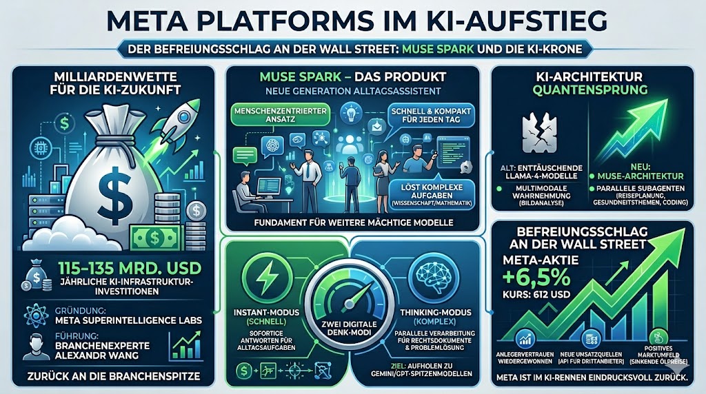 Die Infografik stellt Muse Spark vor, das erste KI-Modell von Metas Superintelligence Labs unter der Führung von Alexander Wang. Der Alltagsassistent hat zwei Denk-Modi.