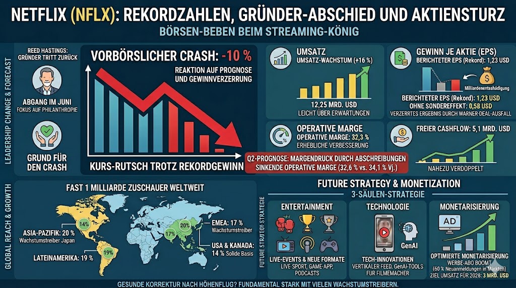 Das Schaubild geht auf die Highlights der Zahlen für das Q1 von Netflix ein mit seinen 3 wichtigsten Säulen für die Zukunft. Die Prognose und der Abgang des Gründers belasten.