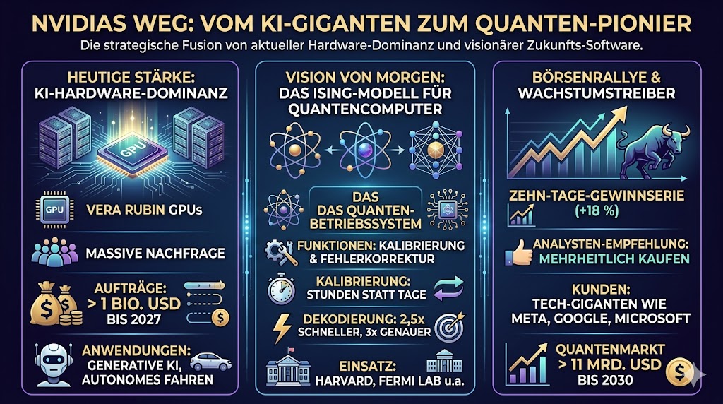 Die Infografik geht auf die Dominanz bei KI-Chips von Nvidia ein und hebt das neue KI-Modell Ising für Quantencomputer hervor. Zuletzt erreichte man seine längste Gewinnserie seit 2023.