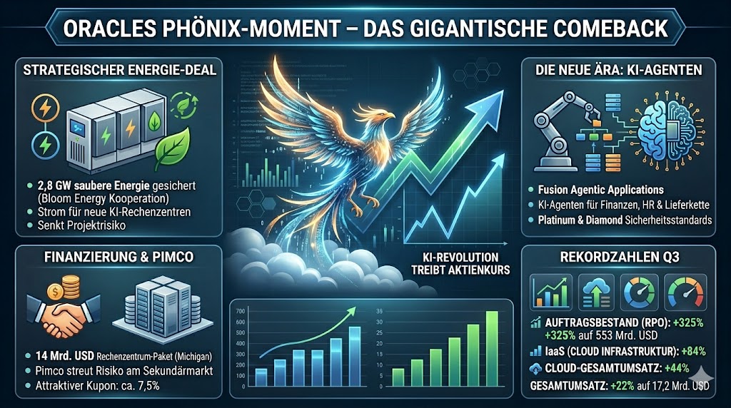 Die Infografik geht auf die wichtigsten Neuigkeiten rund um Oracle ein. Ein erweiterter Energie-Deal mit Bloom Energy, der Finanzierung durch Pimco und die neuen KI-Agenten und der Auftragsbestand stehen im Fokus.