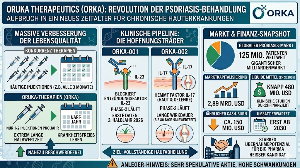 Das Schaubild geht auf die zwei vielversprechenden Hoffnungsträger ORKA-001 und ORKA-002 in der Psoriasis-Behandlung von Oruka Therapeutics ein.