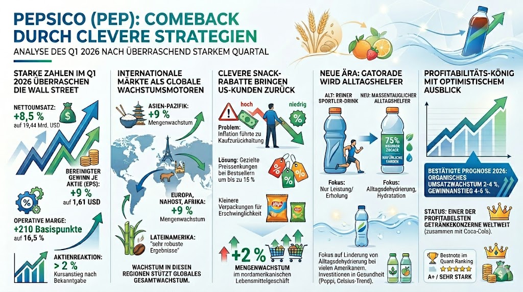 Das Schaubild skizziert die Highlights des Geschäftsberichts für das 1. Quartal von PepsiCo. Mit gezielten Preissenkungen und Verpackungsanpassungen stieg der Umsatz.