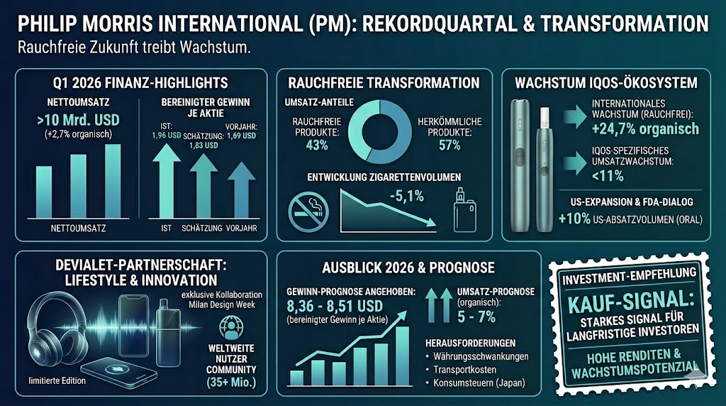 Die Infografik geht auf die Transformation von Philip Morris ein in Zukunft vermehrt auf rauchfreie Produkte wie IQOS zu setzen. Die Gewinnprognose wurde angehoben.