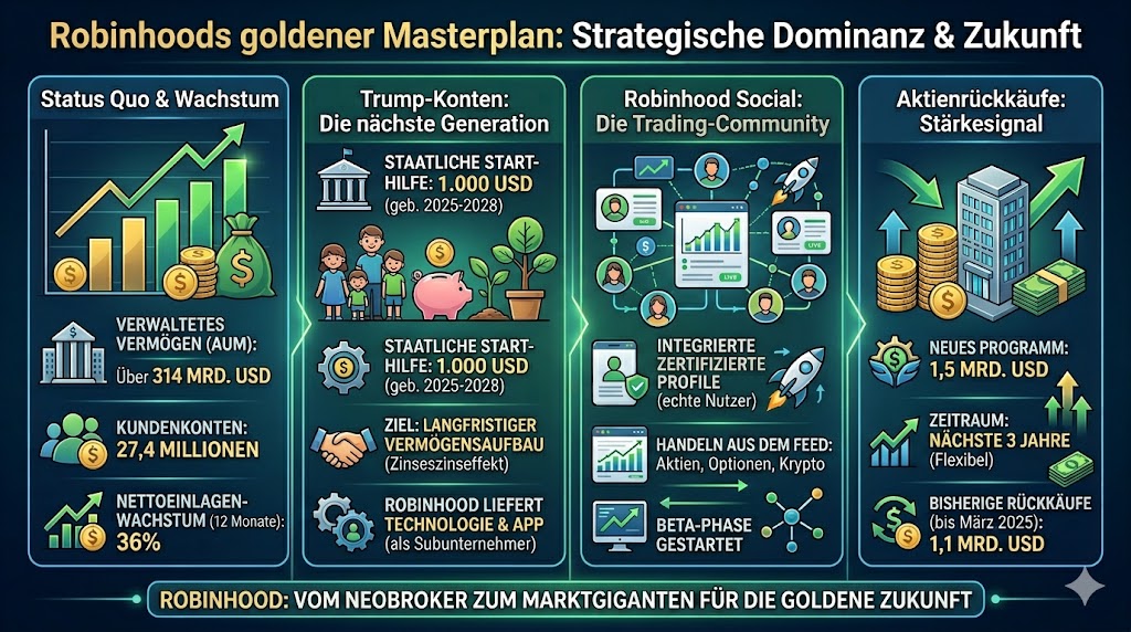 Die Grafik geht auf das explosive Wachstum von Robinhood Markets ein. Nun wurde man als Partner für die Trump-Konten ausgewählt und man startet Robinhood Social.