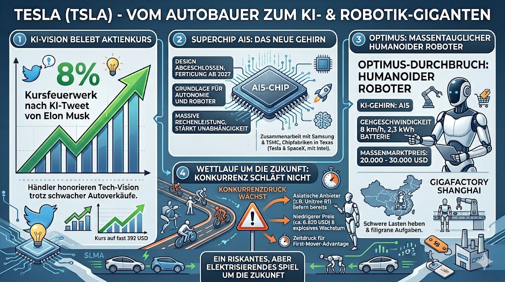 Das Schaubild geht auf den Tweet von Elon Musk über die Fertigstellung des AI5-Chips ein. Der Chips soll für die Autonomie- und Robotik-Ziele von Tesla verwendet werden.