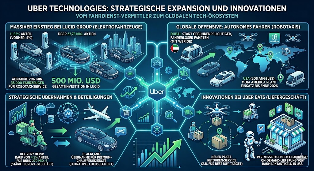 Die Infografik hebt die Erhöhung des Anteils von 4 auf 11,52 % durch Uber Technologies an Lucid Group hervor. Uber tritt mit zahlreichen Übernahmen und Offensiven aufs Gaspedal.