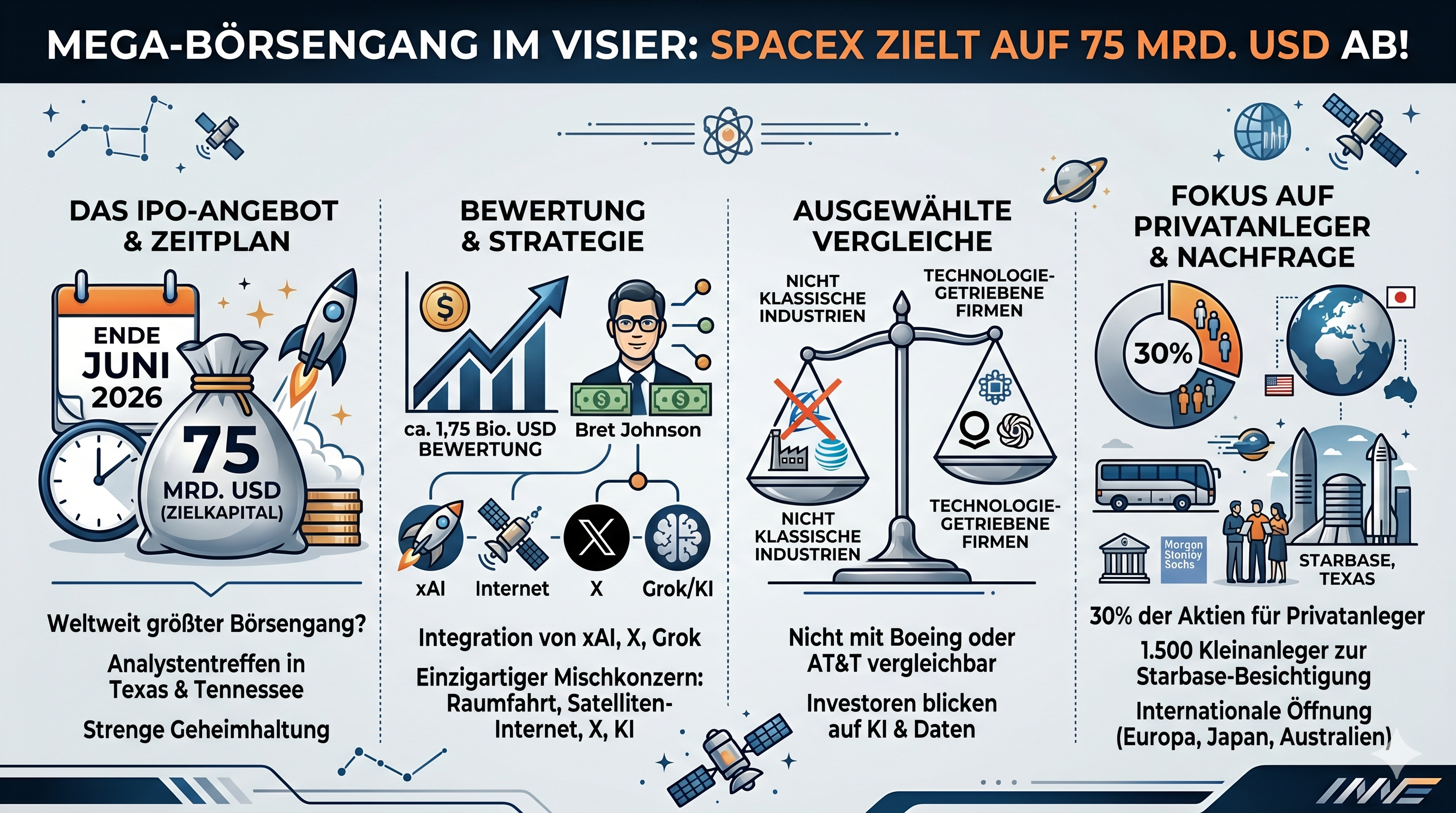 Durch die Kombination von Raumfahrt, Satelliten-Internet, sozialem Netzwerk und KI positioniert sich das Unternehmen als einzigartiger Techkonzern, der sich kaum mit klassischen Industrien vergleichen lässt.