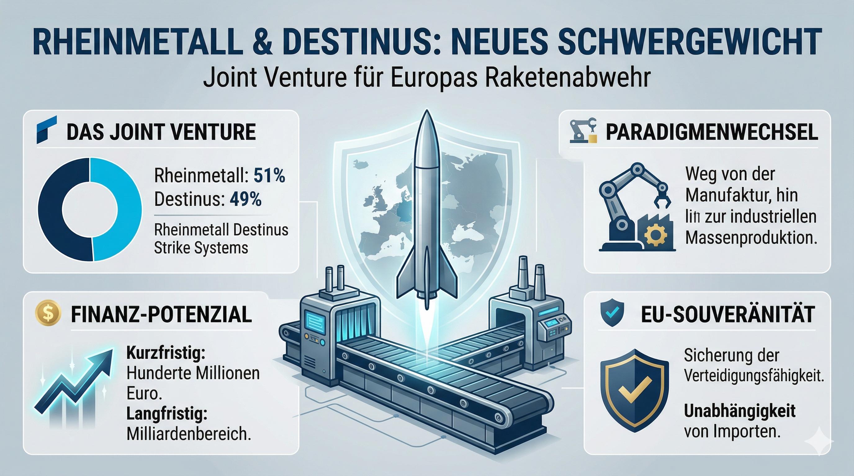 Die Infografik visualisiert das Joint Venture "Rheinmetall Destinus Strike Systems" als neues europäisches Raketenabwehr-Schwergewicht, das durch eine 51/49-Besitzstruktur, den Übergang zur industriellen Massenproduktion und strategische Ziele wie EU-Souveränität und Milliarden-Umsatzpotenziale gekennzeichnet ist.