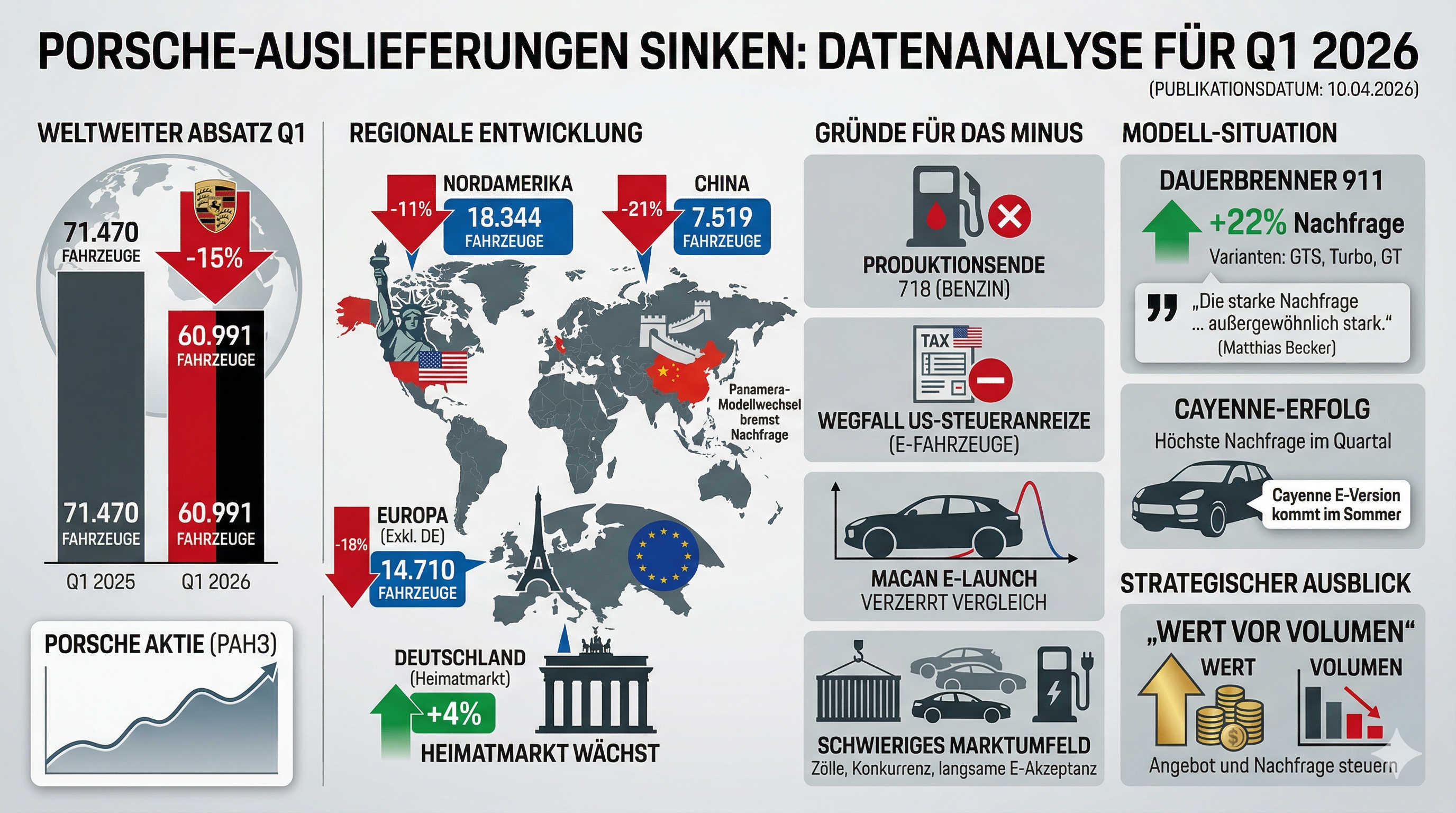 Diese professionelle Infografik im 16:9-Format visualisiert im Porsche-Markendesign den 15-prozentigen Absatzrückgang im ersten Quartal 2026 durch detaillierte regionale Datenanalysen, Modell-Highlights wie den starken 911er und eine grafische Aufbereitung der strategischen Herausforderungen in China und den USA.
