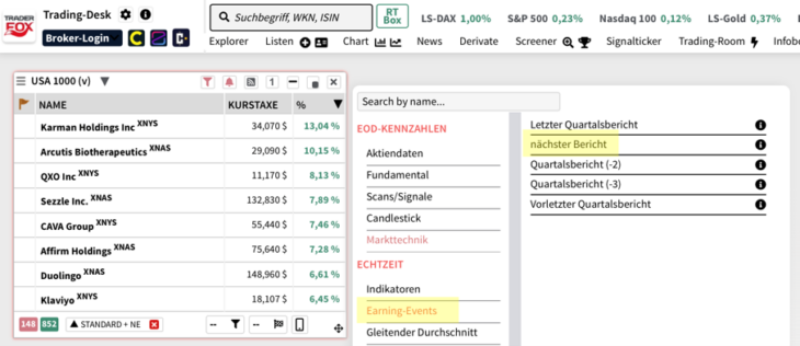 Infos zu den anstehenden Quartalszahlen eurer Watchlist